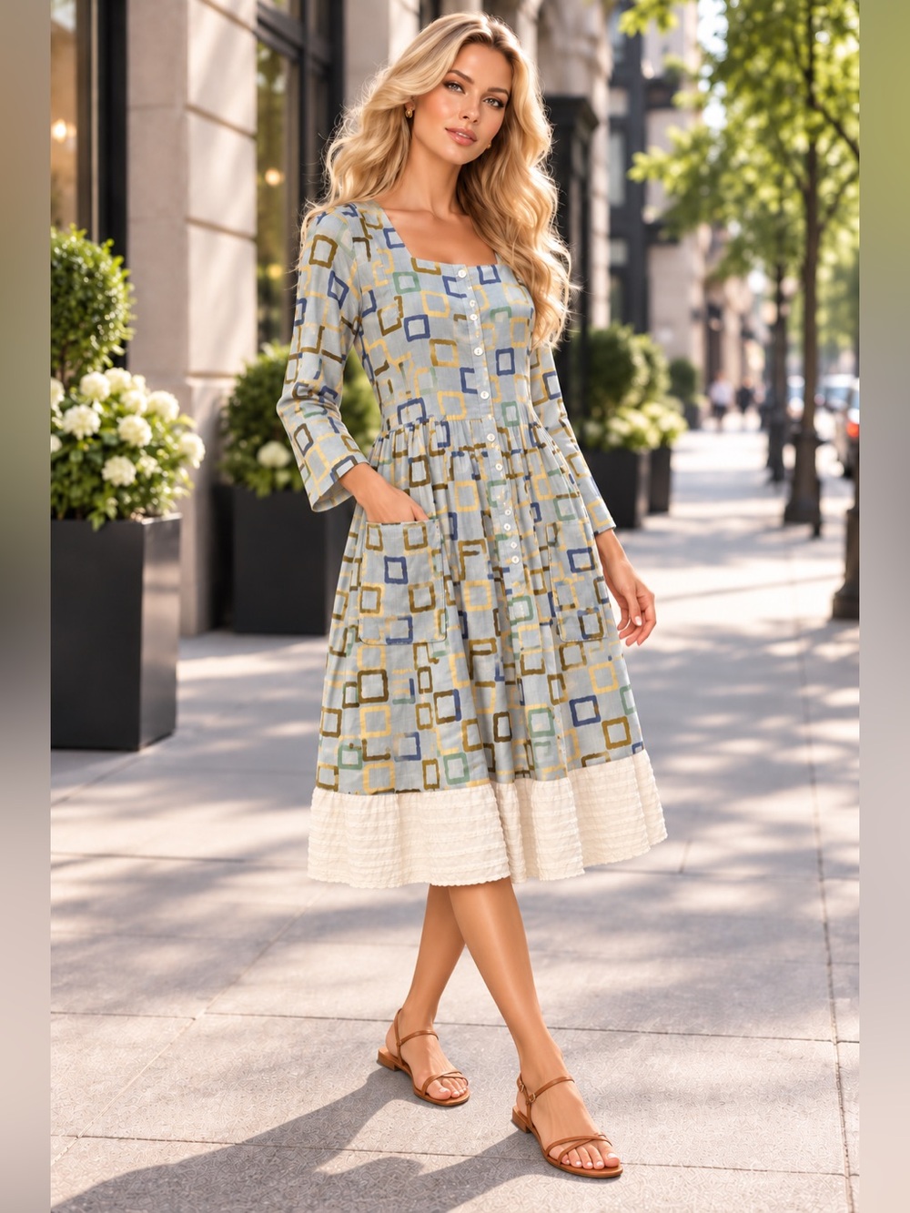 Gudrun Sjödén (Sjoden) Cotton Linen Geometric Button Front Dress S